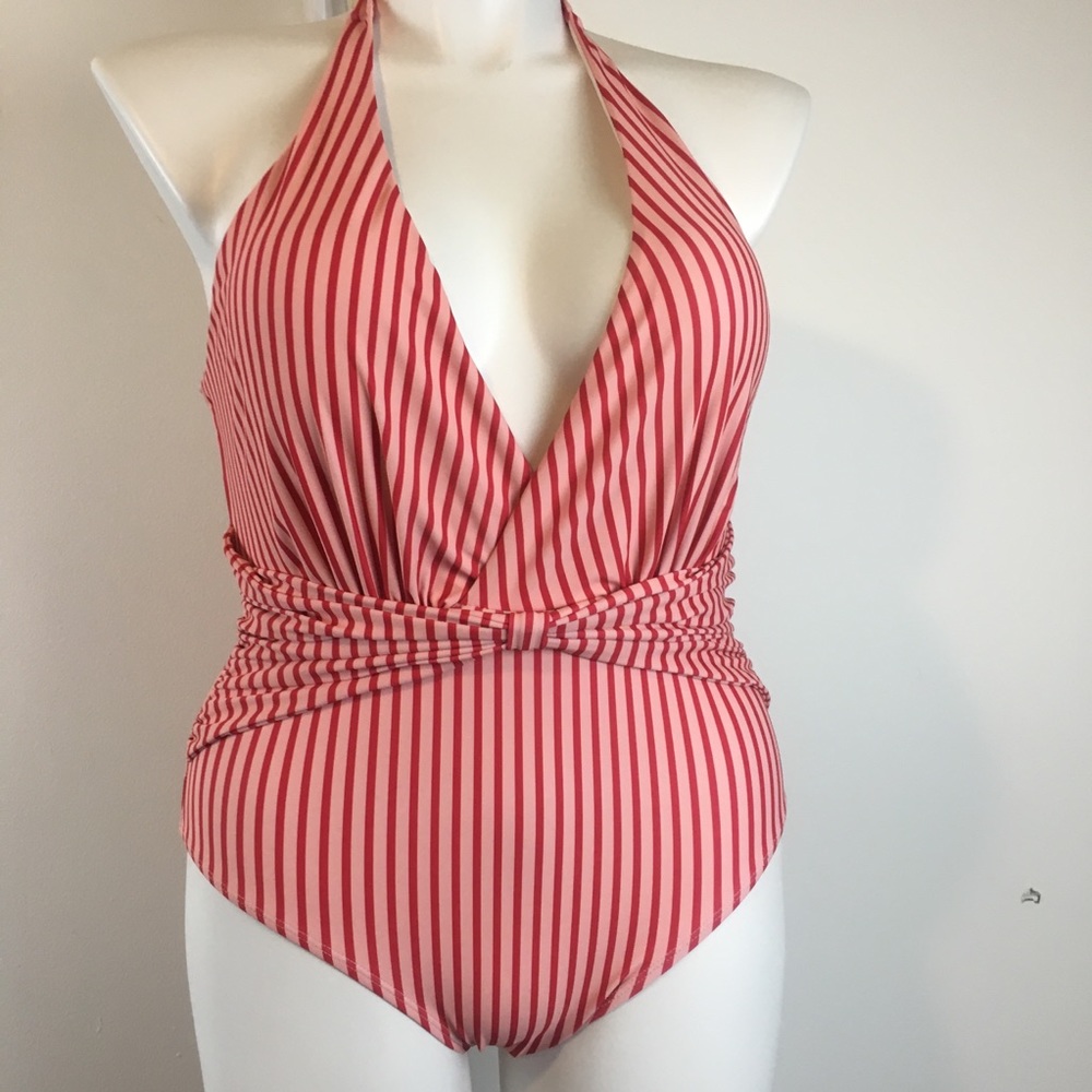 SHEIN One Piece Bathing Suit Red/Light Peachy Pink Vertical Stripes Large